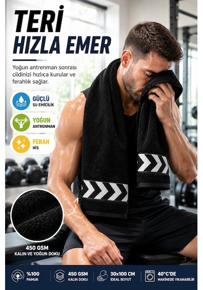 Siyah 30x100 Cm %100 Pamuk 450 Gsm Spor Havlusu Fitness Gym Boks Tenis Golf Yüz Havlusu Yıkanabilir