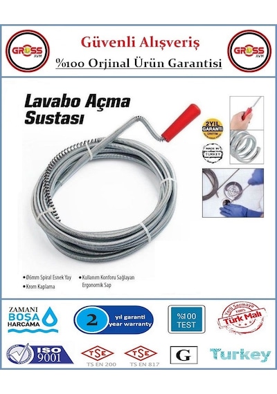 Lavabo Gider Boru Açma Spirali - Kanal Açma Sustası - 5 Metre