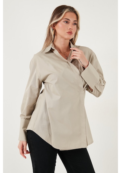 Lela Regular Fit Klasik Yaka Bağlamalı Uzun Kollu Bayan Gömlek 6834987 Bej