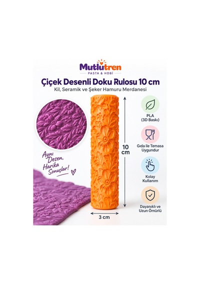 Çiçek Desenli Doku Rulosu 10 Cm Kil, Seramik Ve Şeker Hamuru Merdanesi Çok Renkli