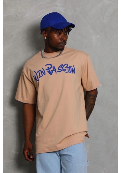 Erkek Baskılı Tişört Kısa Kol Bisiklet Yaka Oversize T-shirt - Bej