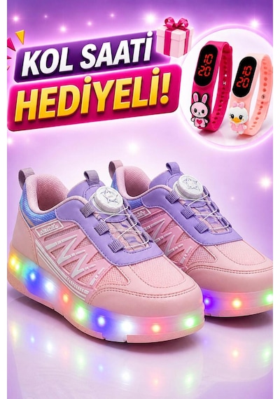 Ceylan Cyln 2620 Kız Çocuk Işıklı Patenli Spor Ayakkabı Kol Saati Hediyeli Pudra