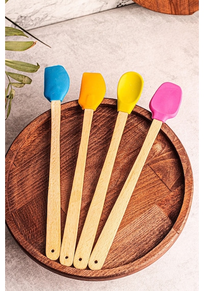 4'lü Yanmaz Yapışmaz Renkli Silikon Başlıklı Ahşap Spatula Seti Çok Renkli