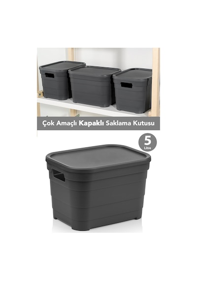 1 Adet Kapaklı Dekoratif Piramit Saklama Kutusu - Dolap Düzenleyici Organizer Kutu 5 Litre Antrasit Antrasit