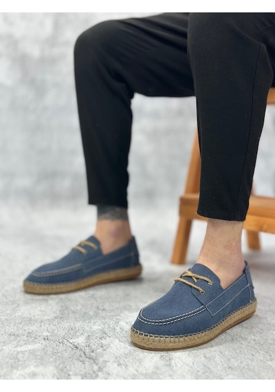 Ba0358 Boa Doğal Deri Tozu Bağcıklı Kauçuk El Yapımı Espadril Taban Mavi Renk Erkek Ayakkabı Mavi