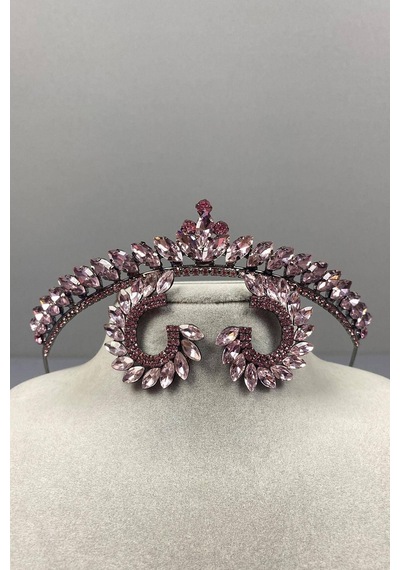 FdayAksesuar En Güzel Gelinlere Pembe İnce İlayda Model Gelin Tacı Ve Yuvarlak Taşlı Küpe Takımı FRDY30116