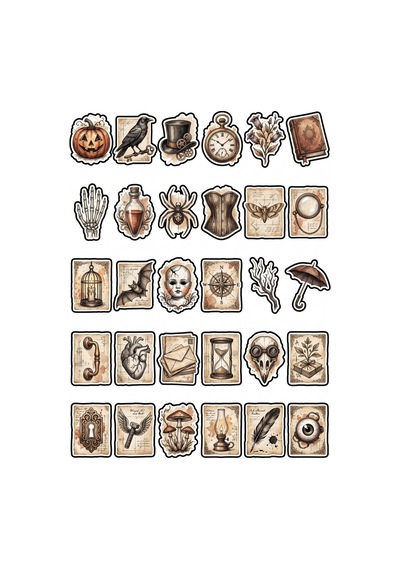 30 Adet Vintage Gotik Steampunk Sticker Seti - Laptop Defter Scrapbook İçin Çok Renkli