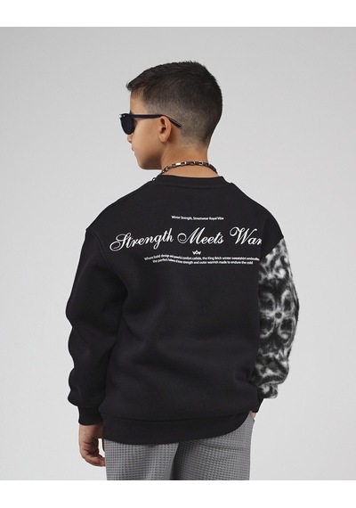 King-Brich Kingbrich Kids Bisiklet Yaka Kolu Garnili Baskılı Çocuk Sweatshirt SIYAH