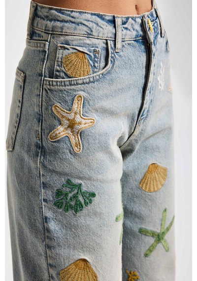 Itsbasic Kadın Kot Rengi 4s6-65 Straight Fit Elastan Kumaş Özel Desen Nakışlı Tasarım Denim Jean Mavi