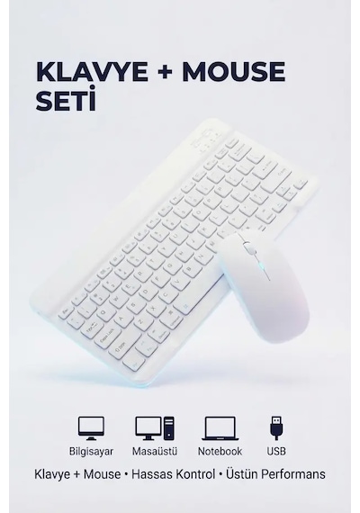 Kablosuz Bluetooth Klavye Ve Dongle Lı Mouse Seti Şarjlı Klavye Ve Fare Kombinasyonu Beyaz