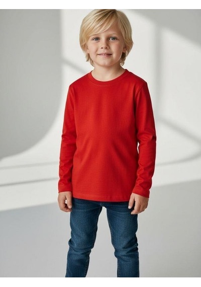 Zekids Erkek Çocuk Pamuklu Uzun Kol Basic T-shirt-16713 KIrmızı