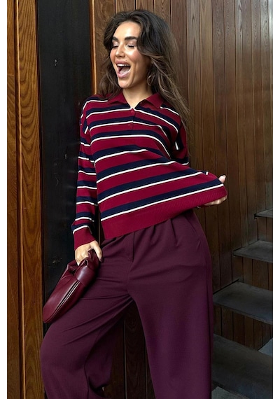 Madmext Bordo Çizgili Polo Yaka Düğmeli Kadın Kazak Mg2561 Bordo