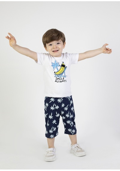 Harika Kids Erkek Bebek Kaprili Kısa Kollu Smile Desen Baskılı Yazlık Basic Alt-üst Takım 6-24 Ay Beyaz