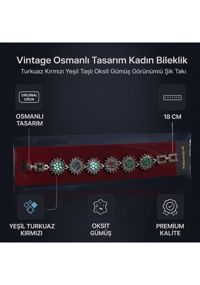 Vintage Osmanlı Tasarım Kadın Bileklik Turkuaz Kırmızı Yeşil Taşlı Oksit Gümüş Görünümlü Şık Takı Antik Gümüş