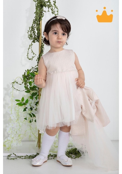 Babyhola Minimony 6-24 Ay Mine Desen Ceketli Kız Bebek Çocuk Bayramlık Abiye Gelinlik Elbise Takım 1013 Pudra