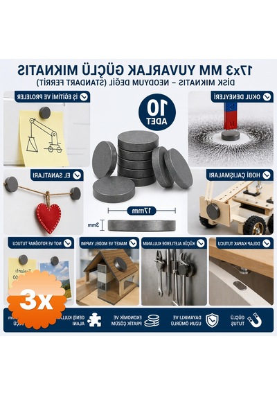 3 Paket 10 Adet Mıknatıs 17x3 Mm Yuvarlak Güçlü Mıknatıs Disk Mıknatıs