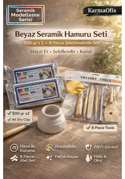 Beyaz Seramik Hamuru Seti 500 Gr X2 + 8 Parça Şekillendirme Aletleri Air Dry Kil Seti Krem