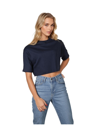 Lacivert Bisiklet Yaka Rahat Kalıp Yarasa Kol Penye Kadın Crop T-shirt Lacivert