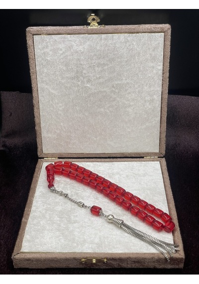Alpaka Zincir Püsküllü Blok Kesim Kırmızı Ateş Kehribar Tesbih 9x10 Mm