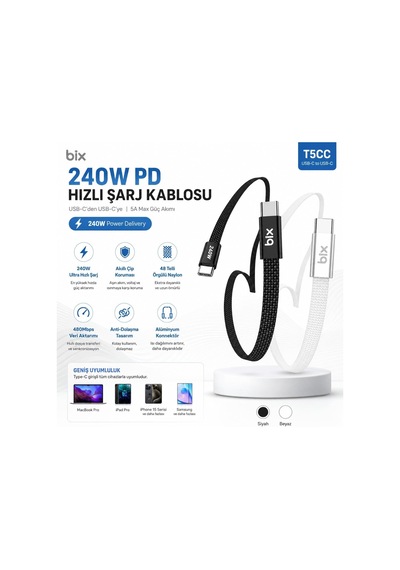 Bix T5cc-wt Beyaz 1 Metre 240w Type-c To Type-c Örgülü Hızlı Şarj Ve Data Kablosu, 480mbps 240w Type C Turbo Şarj Kablosu, Tüm Type C Telefon Ve Tabletlerle Uyumludur Max 48v 5a