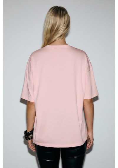 Grımelange Asterıve Kadın Organik Pamuklu Baskılı Bisiklet Yaka Oversıze Somon T-shirt Somon