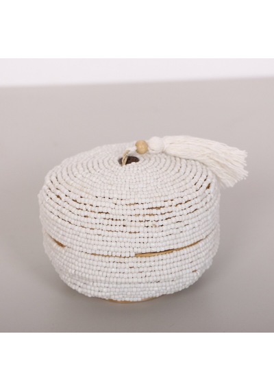 Bali Boncuklu Bambu Saklama Kutusu 16x10 Cm Beyaz