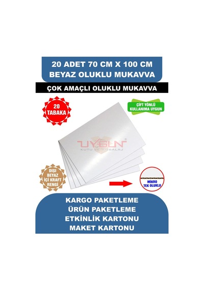 20 Adet 70cm X 100cm Baskısız Beyaz Oluklu Mukavva, Çocuk Etkinlik Kartonu, Maket Kartonu, Kargo Kartonu