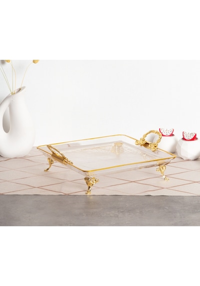 Elta Collection 2 Li Paşabahçe Kristal Metal Ayaklı Yaldızlı Kare Pasta Sunumluk Kurabiyelik Gold