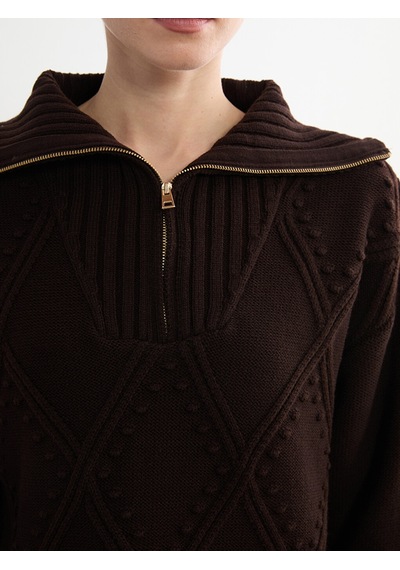 Lcw Modest Kahverengi Polo Yaka Baklava Desenli Kadın Triko Tunik