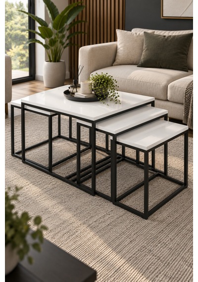 Sulorahome 4'lü Beyaz Orta Sehpa Ve Zigon Sehpa Seti Metal Ayaklı