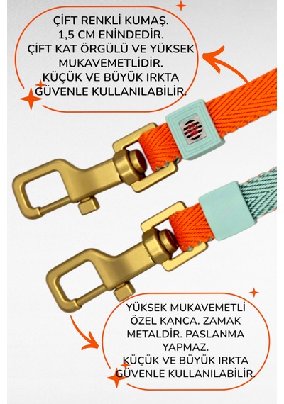 Caramelos İkili Çift Köpek Gezdirme Tasması Ve Sevk Kayışı Set Ayarlanabilir Turuncu