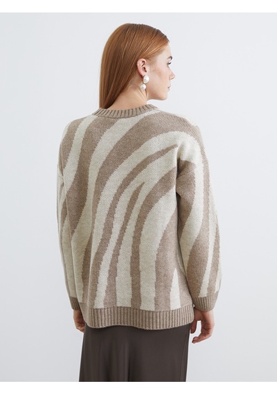 Lcw Modest Kahverengi Bisiklet Yaka Zebra Desenli Kadın Triko Tunik
