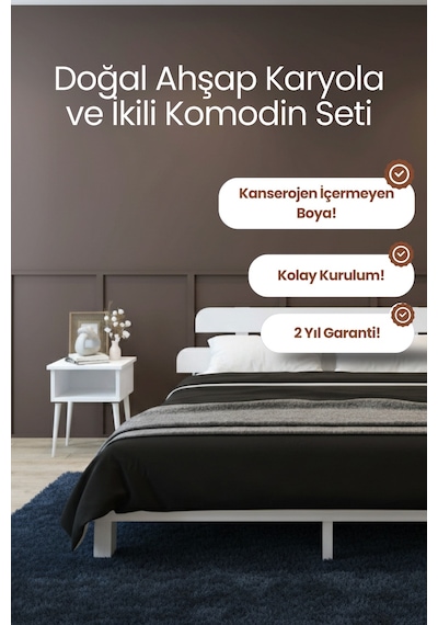 Renazzo Lotus Masif Ahşap Karyola Ve 2 Adet Komodin Beyaz 120x200 Beyaz - 120 X 200