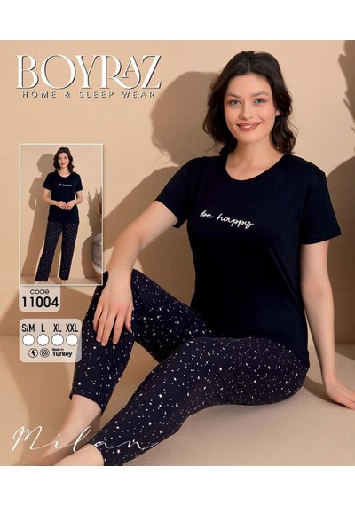 Boyraz Slim Fit Dar Kesim Kadın Milan Bisiklet Yaka Kısa Kol Pijama Takımı 11004s - 1 Adet Siyah Boyraz Slim Fit Dar Kesim Kadın Milan Bisiklet Yaka Kısa Kol Pijama Takımı 11004s - 1 Adet Siyah