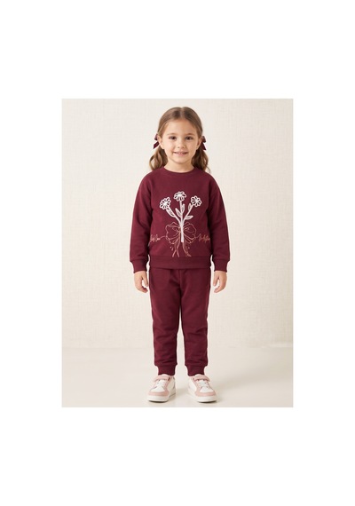 Deniva Kids Kız Çocuk Bordo Çiçek Nakışlı Paçası Ve Beli Lastikli Rahat Kalıp 2'li Takım