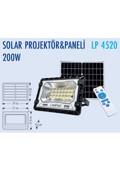 Lampist 200w Solar Led Projektör Güneş Enerjili Uzaktan Kumandalı Su Geçirmez Dış Mekan Sokak Ve Bahçe Aydınlatması