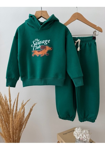 Magu Çocuk Pamuklu Köpek Baskılı Yeşil Kapüşonlu Sweatshirt Ve Eşofman Altı Takımı Çok Renkli