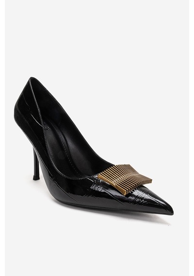 Luvishoes Dexen Siyah Baskı Metal Tokalı Kadın İnce Topuklu Ayakkabı
