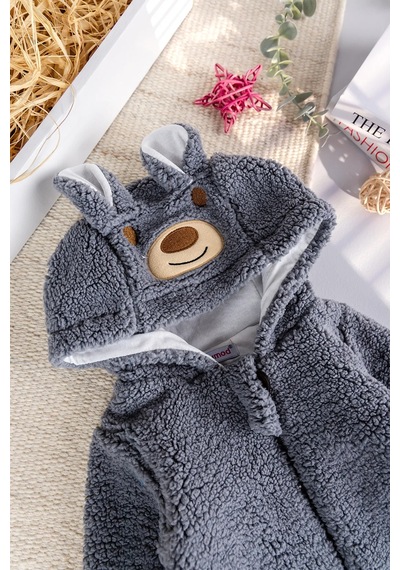 Babymod Kapüşonlu Welsoft Peluş Kışlık Kız/erkek Bebek Tulum Gri