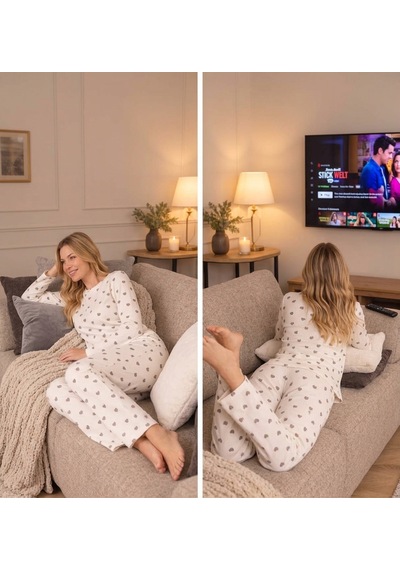Lila İç Giyim Kadın Ekru Kalp Desenli Fitilli Kaşkorse Pijama Takımı Uzun Kollu Ev Giyimi