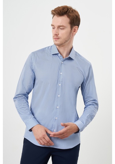 Morven Erkek Mavi Pamuk Baskılı Desenli İtalyan Yaka Slim Fit Gömlek 24mc004115300 Mavi