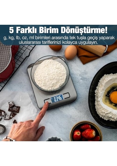Dijital Mutfak Terazisi - Paslanmaz Çelik Yüzeyli Hassas Mutfak Tartısı - Dara İşlevi, Led Ekran, 5 Birim Dönüş Diğer