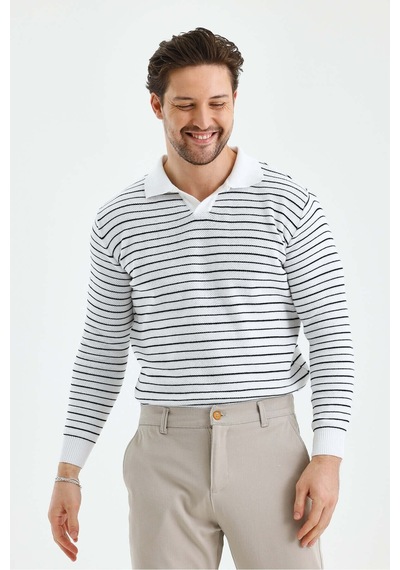 Cool Tarz Erkek Patlı Slim Fit Çizgi Detaylı Uzun Kollu Polo Yaka Triko Kazak Beyaz Beyaz