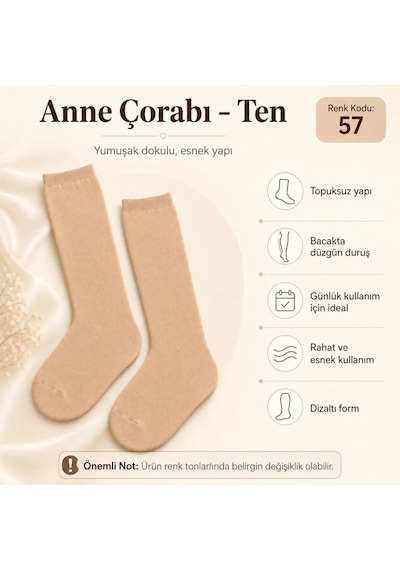 DS Wak Kadın 40 Denye İnce Anne Çorabı 12'li Dizaltı Topuksuz Esnek, Ten Siyah Bronz Vizon