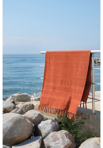 Coastline Kiremit Çift Tarafı Bukle 100x180 Cm Boyasız %100 Organik Pamuk Saçaklı Plaj Havlusu Kiremit