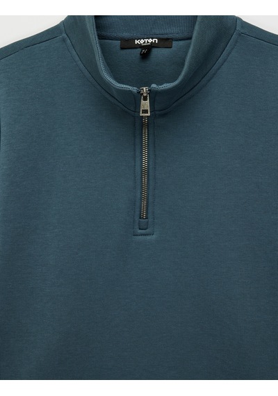 Koton Şardonlu Regular Fit Uzun Kollu Fermuarlı Yaka Sweatshirt Mavi 7wam70003mk