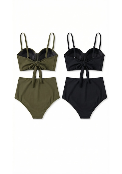 Zi 2 Renk 1 Paket Haki -siyah 2 Takım Yüksek Bel Bikini Takımı Yeşil - Siyah