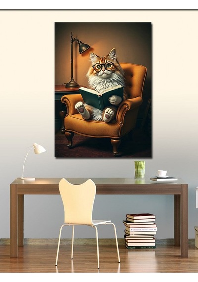 Kanvas Tablo Kitap Okuyan Sarı Kedi 100cmx140cm