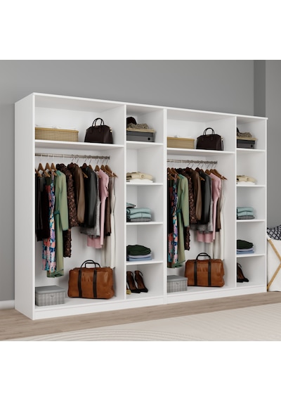 Loren 6 Kapaklı, 12 Raf Bölmeli, Askılıklı Geniş Elbise Dolabı, Gardırop, Beyaz Beyaz