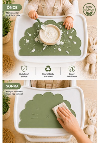 Siliconly %100 Silikon Bebek Beslenme Matı Kolay Temizlenebilir Mama Altlığı Yeşil